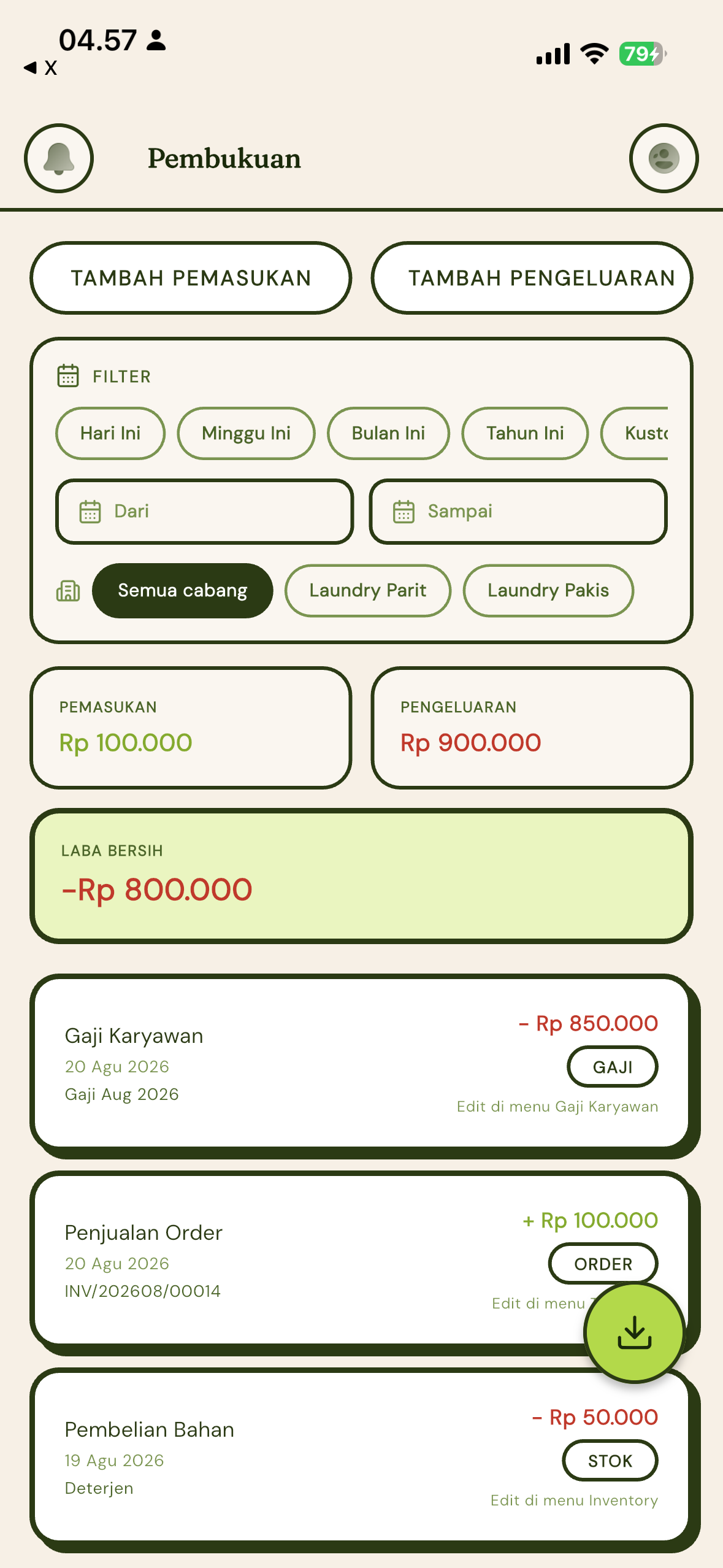 Tampilan Pembukuan di aplikasi Admin ngelaundry